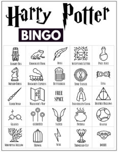 Harry Potter Bingo Card with 24 Harry Potter icon pictures and a free space in the center. 