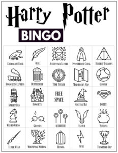 Harry Potter Bingo Card with 24 Harry Potter icon pictures and a free space in the center. 