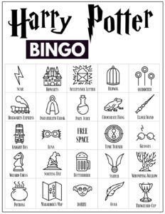 Harry Potter Bingo Card with 24 Harry Potter icon pictures and a free space in the center. 