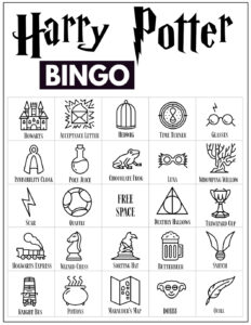 Harry Potter Bingo Card with 24 Harry Potter icon pictures and a free space in the center. 