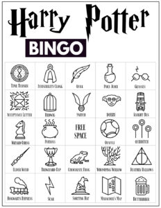 Harry Potter Bingo Card with 24 Harry Potter themed icon pictures and a free space in the center. 