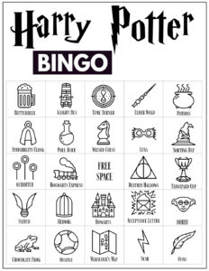Harry Potter Bingo Card with 24 Harry Potter icon pictures and a free space in the center. 