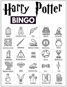 Harry Potter Bingo Card with 24 Harry Potter themed icon pictures and a free space in the center. 