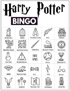 Harry Potter Bingo Card with 24 Harry Potter themed icon pictures and a free space in the center. 