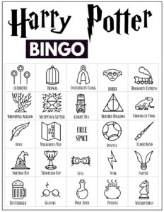 Harry Potter Bingo Card with 24 Harry Potter themed icon pictures and a free space in the center. 