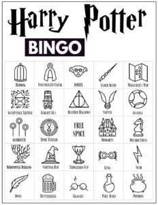 Harry Potter Bingo Card with 24 Harry Potter themed icon pictures and a free space in the center. 