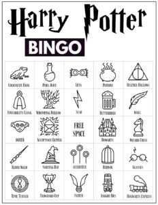 Harry Potter Bingo Card with 24 Harry Potter themed icon pictures and a free space in the center. 