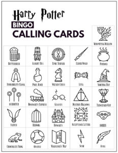 26 Harry Potter themed icon pictures to cup up and use as calling cards for Harry Potter bingo game. 