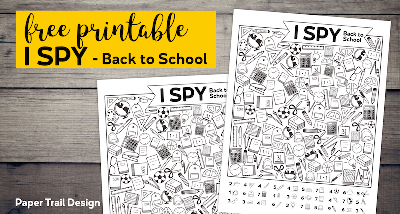 Back to school themed I spy game with text overlay - free printable I Spy Back to School