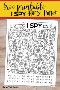 Harry Potter themed I spy activity page with text overlay- free printable I Spy Harry Potter