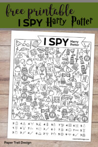 Harry Potter themed I spy activity page with text overlay- free printable I Spy Harry Potter