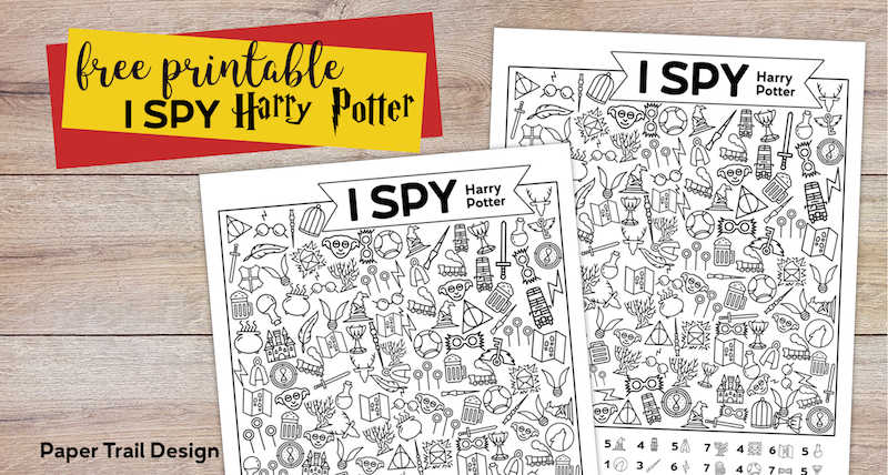 Harry Potter themed I spy activity page with text overlay- free printable I Spy Harry Potter