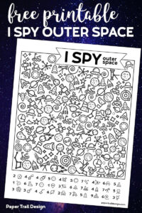 Kids I spy page activity with starry space background and with text overlay- Free Printable I Spy Outer Space