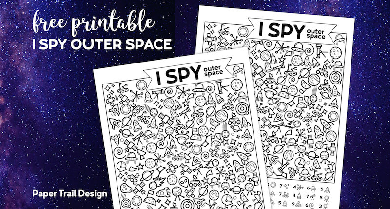 Kids I spy page activity with starry space background and with text overlay- Free Printable I Spy Outer Space