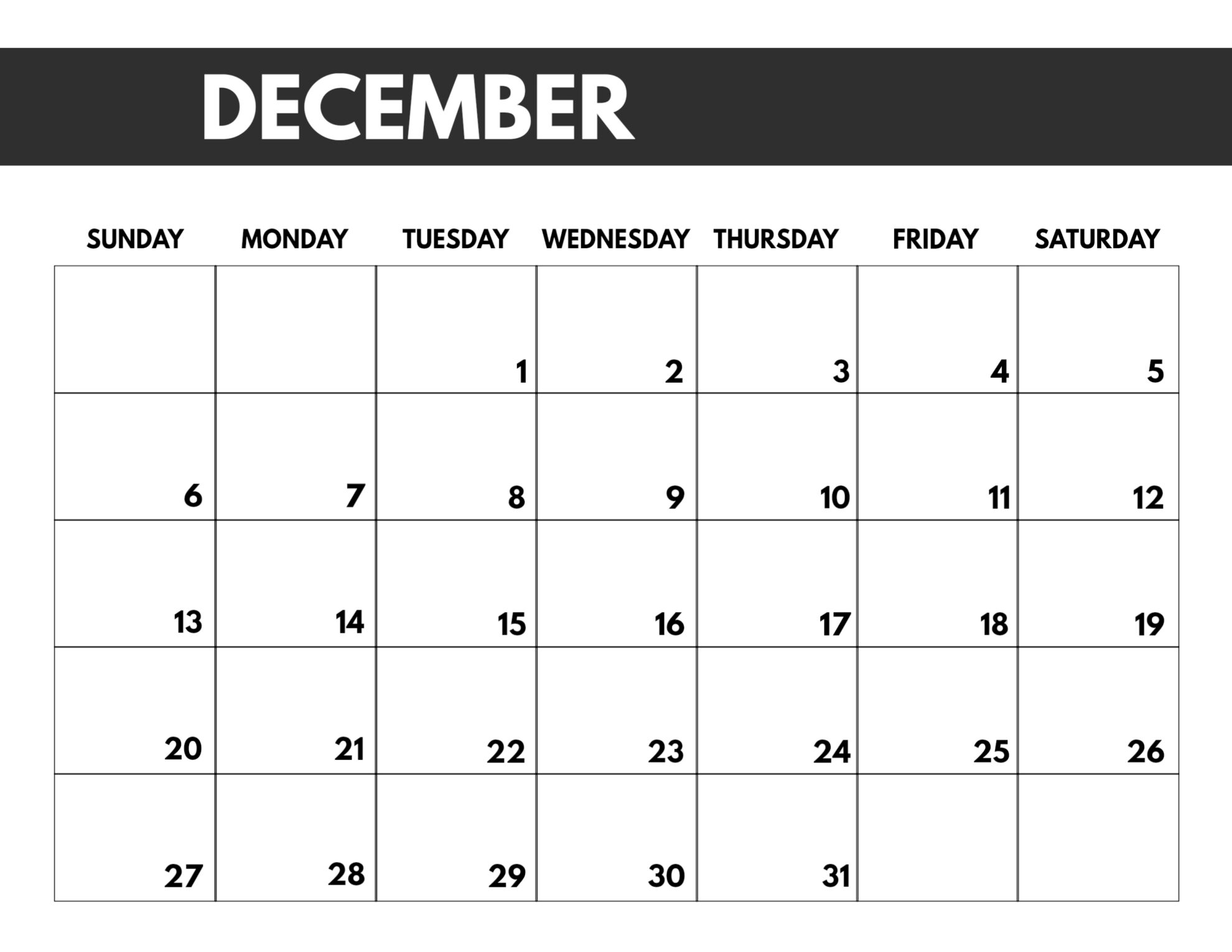 View Blank Monthly Calendar December 2020 Printable Gif
