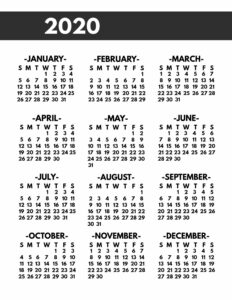 2020 Printable One Page Year at a Glance Calendar in bold font in 8.5x11 size.