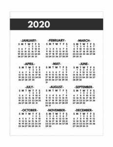 2020 Printable One Page Year at a Glance Calendar in bold font in classic happy planner size.