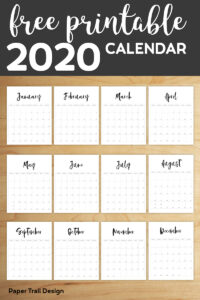 January 2020 through December 2020 minimalist vertical calendar pages with text overlay- free printable 2020 calendar