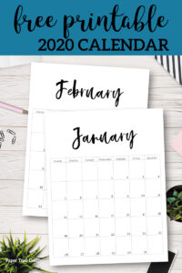 January 2020 tand February 2020 minimalist vertical calendar pages with text overlay- free printable 2020 calendar