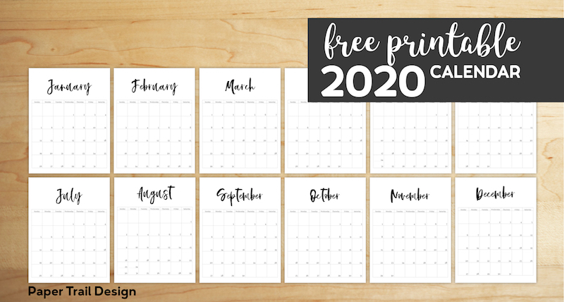 January 2020 through December 2020 minimalist vertical calendar pages with text overlay- free printable 2020 calendar