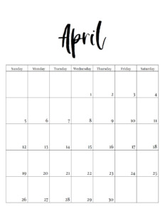 April 2020 vertical minimalist calendar
