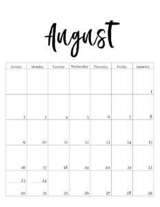 August 2020 vertical minimalist calendar