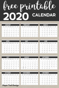 January through December calendar pages with text overlay- free printable 2020 calendar