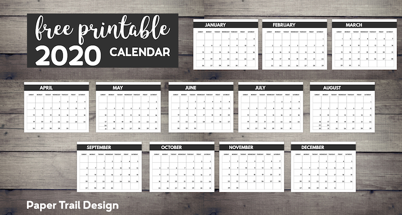 January through December calendar pages with text overlay- free printable 2020 calendar