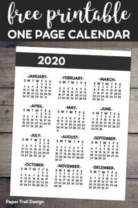 2020 year at a glance one page yearly calendar in bold font with text overlay- free printable one page calendar.