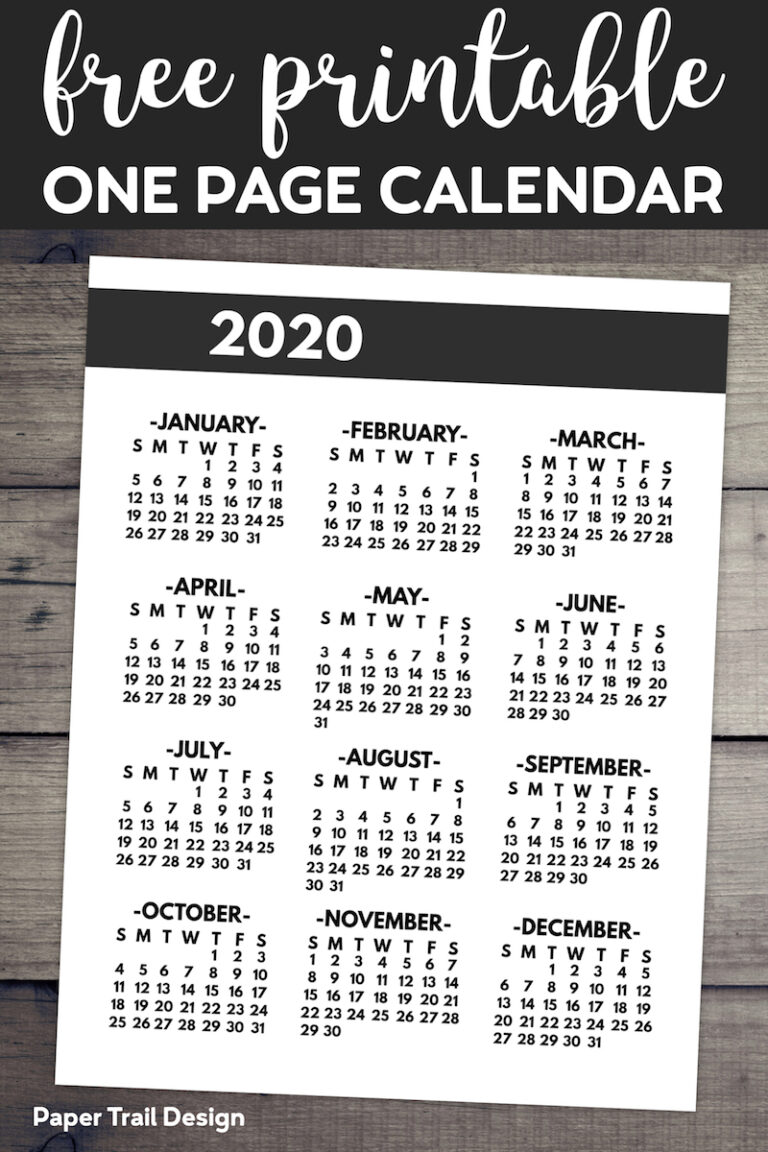 2020 Printable One Page Year at a Glance Calendar - Paper Trail Design