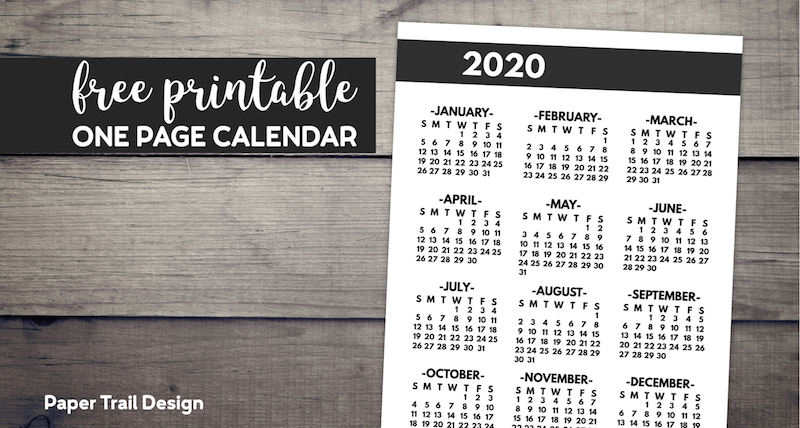 2020 year at a glance one page yearly calendar in bold font with text overlay- free printable one page calendar.