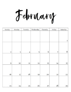 February 2020 vertical minimalist calendar