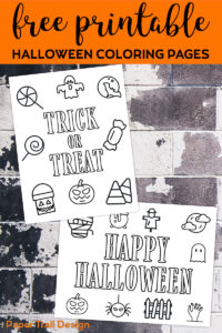 Trick or Treat and Happy Halloween coloring pages with text overlay- free printable Halloween coloring pages 
