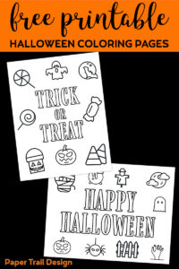 Trick or Treat and Happy Halloween coloring pages with text overlay- free printable Halloween coloring pages 