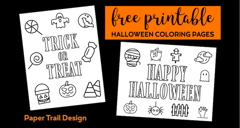 Trick or Treat and Happy Halloween coloring pages with text overlay- free printable Halloween coloring pages