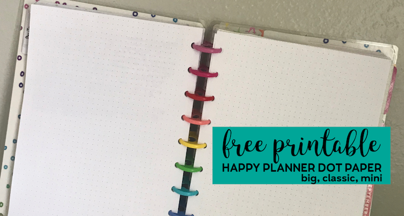 Happy planner open to pages of dot grid paper with text overlay- free printable happy planner dot paper, big, classic, mini