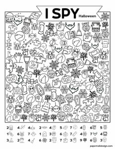 Free printable I Spy Halloween game with Halloween pictures to find on the page.