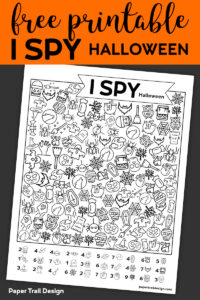 I spy Halloween game with Halloween pictures to find on the page with text overlay- free printable I spy Halloween. 