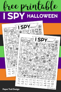 I spy Halloween game with Halloween pictures to find on the page with text overlay- free printable I spy Halloween. 