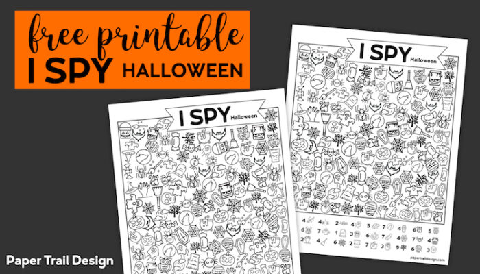 Two I spy Halloween games with Halloween pictures to find on the page with text overlay- free printable I spy Halloween.
