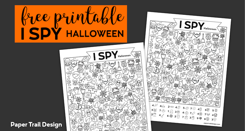 Two I spy Halloween games with Halloween pictures to find on the page with text overlay- free printable I spy Halloween. 