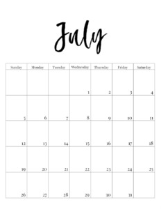 July 2020 vertical minimalist calendar