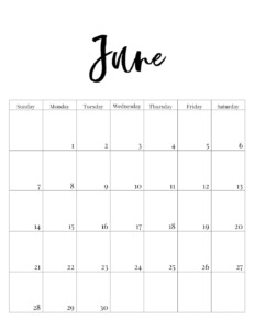 June 2020 vertical minimalist calendar