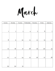 March 2020 vertical minimalist calendar