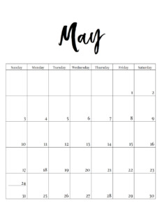 May 2020 vertical minimalist calendar