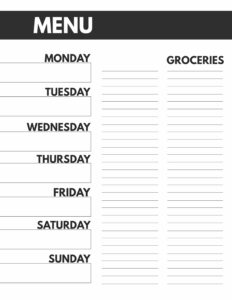 8.5x11 Meal Plan printable from Monday to Sunday with a grocery list.