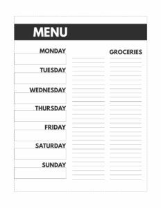 Classic happy planner size Meal Plan printable from Monday to Sunday with a grocery list.