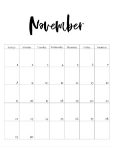 November 2020 vertical minimalist calendar