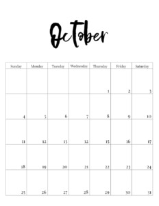 October 2020 vertical minimalist calendar