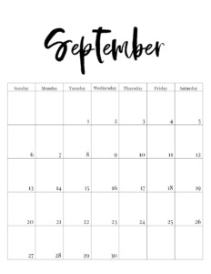 September 2020 vertical minimalist calendar